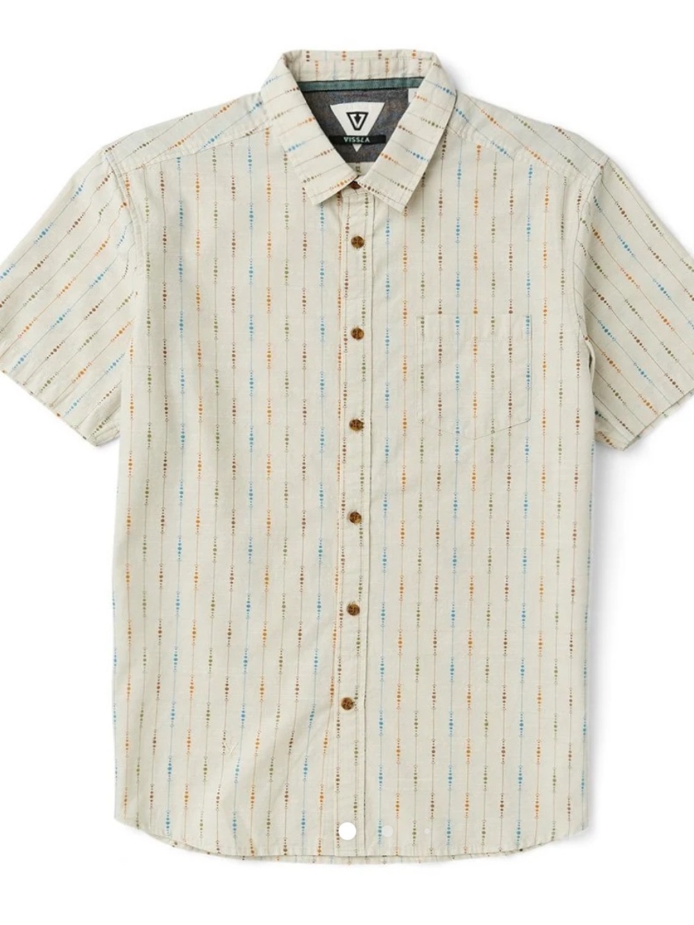 Vissla Men's Short Sleeve Beige Striped Button-Up Shirt